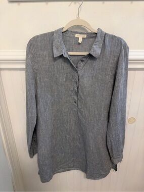 Eileen Fisher Heathered Gray Linen Blend Long-Sleeve Tunic Top